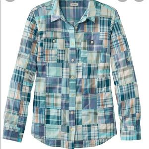 LL BEAN Sz S Blue Madras plaid patchwork button front fitted ladies preppy shirt